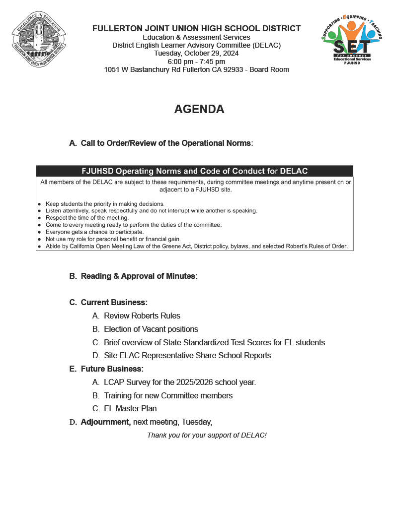 DELAC Meeting Agenda for 10/29/24 (in English)