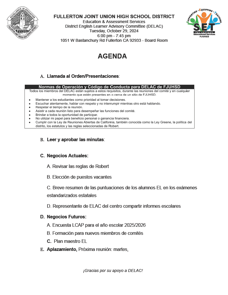 DELAC Meeting Agenda for 10/29/24 (in Spanish)